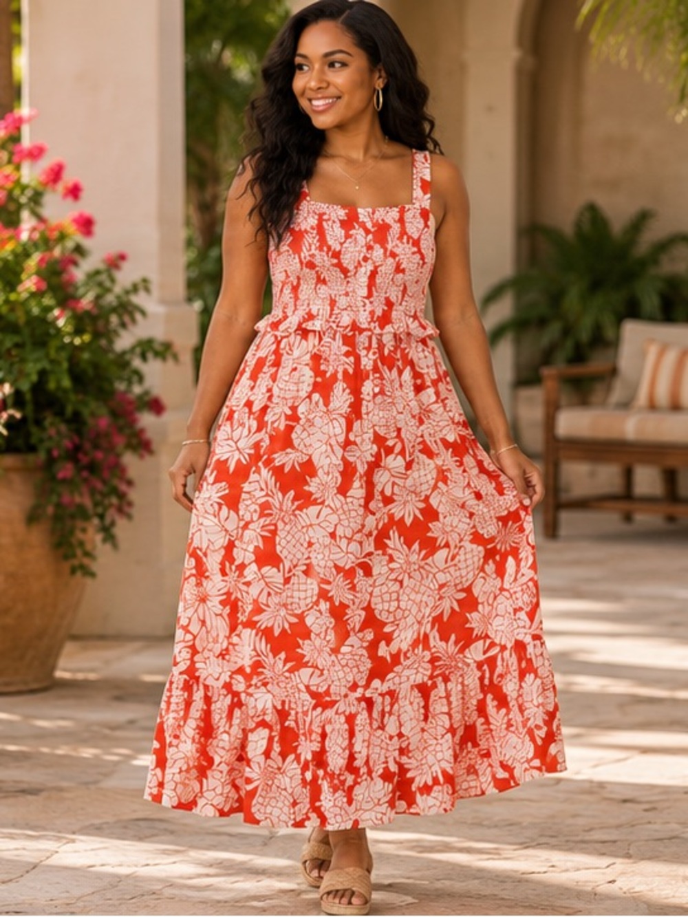 Mango MNG Orange White Pineapple Smocked Maxi Sundress Size S